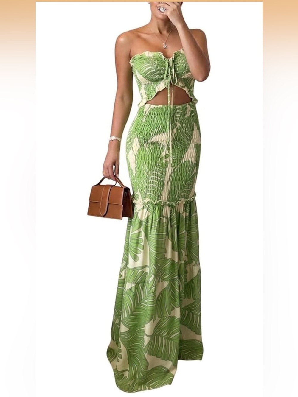 Tropical Green Leaf-Print Strapless Mermaid Maxi Dress- NWOT - Size M